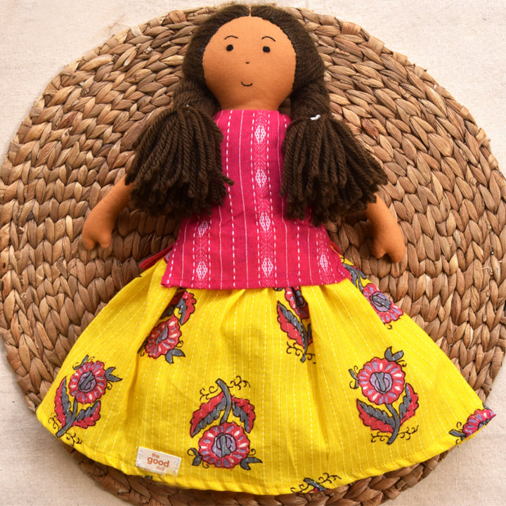 Nilah in Pink & Yellow Dress With Changeable Outfits | Soft Hand-Stitched Sustainable Indian Play Doll