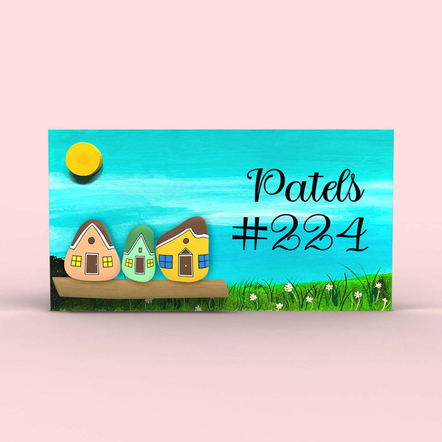 Hand Painted Pebble Art Name Plate For Family Of 3 1 - Front View with Name Personalization and Number