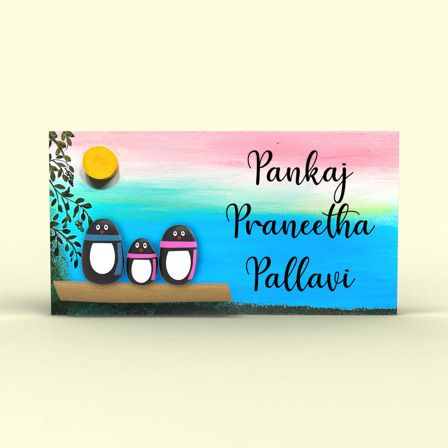 Hand Painted Pebble Art Name Plate For Family Of 3 3 - Front View with Name Personalization