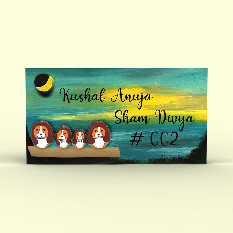 Hand Painted Pebble Art Name Plate For Family Of 4 - Front View with Name Personalization