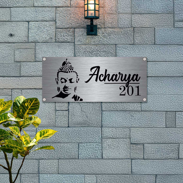 Personalized Gautam Buddha Theme Stainless Steel Name Plate