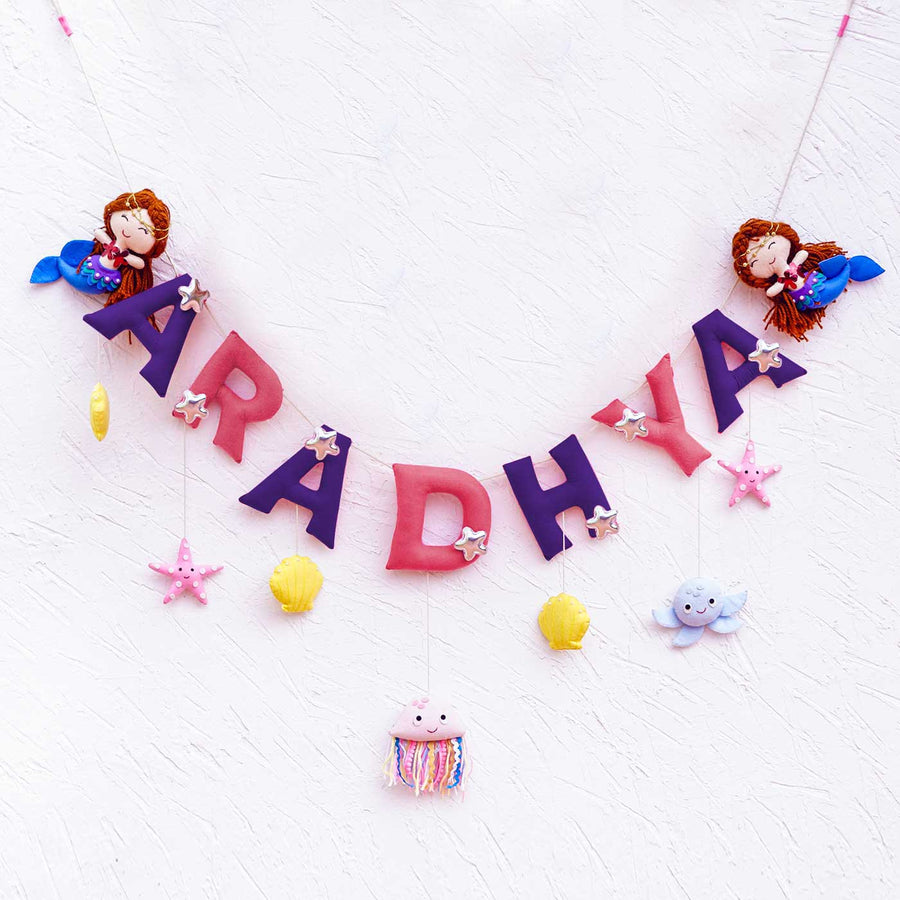 Handcrafted Personalized Themed Bunting For Kids Mystique Mermaid - Hanging Name Banner Front View