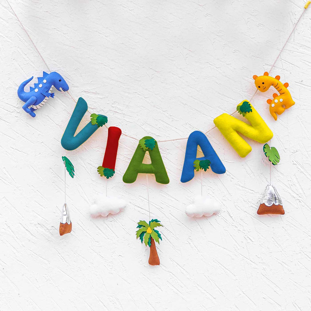 Handcrafted Personalized Themed Bunting For Kids Dinoland - Hanging Letters with Decorative Elements