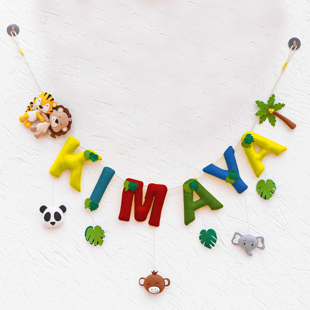 Handcrafted Personalized Themed Bunting For Kids Animal Safari - Front View of Hanging Name Garland