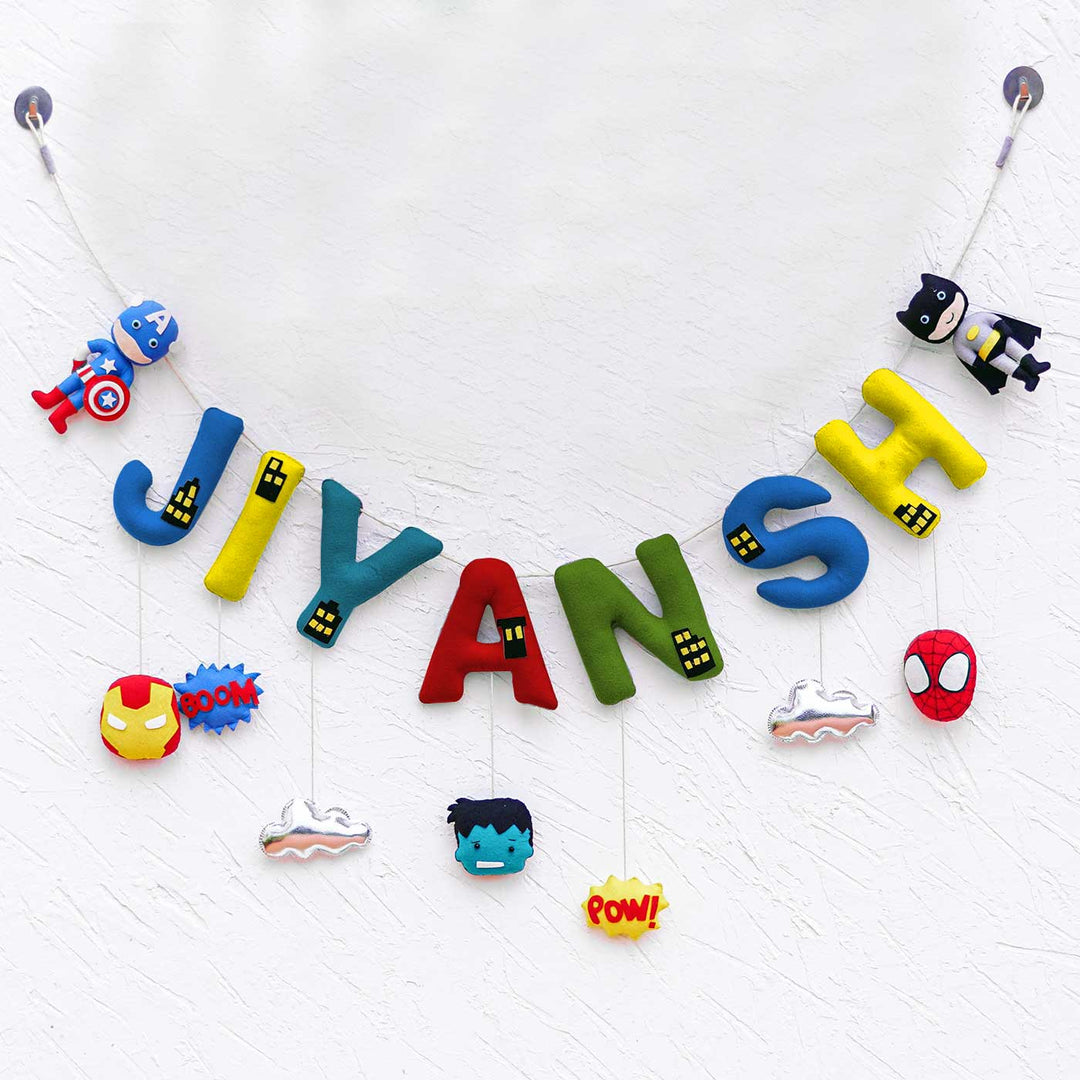 Handcrafted Personalized Themed Bunting For Kids Superhero - Hanging Name Banner Front View