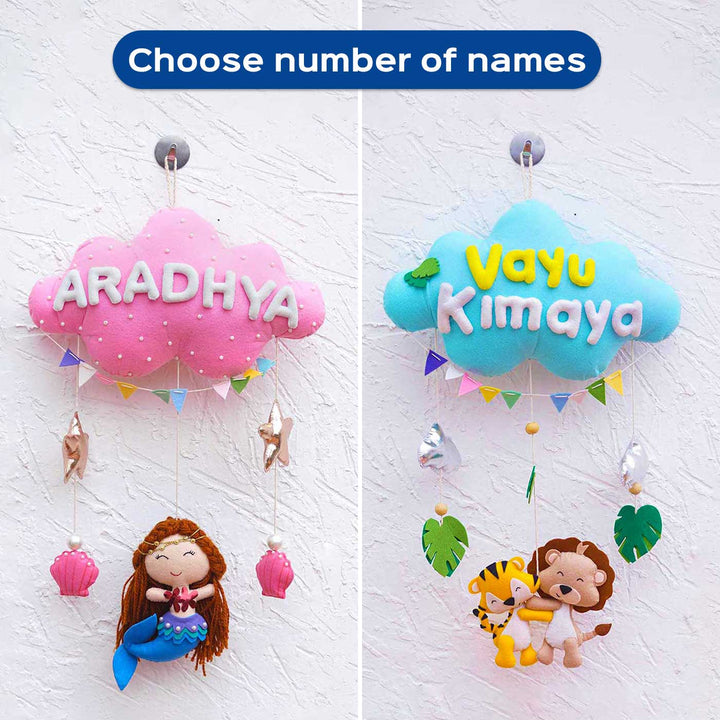 Handcrafted Personalized Cloud Theme Name Plate For Kids 1 - Two Personalized Name Examples Side-by-Side