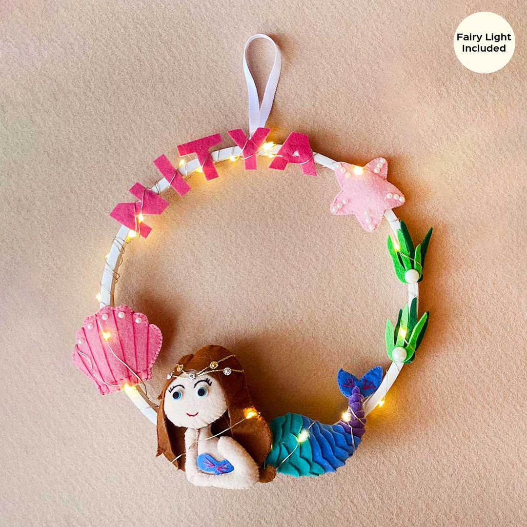 Personalized Kids Theme Felt Hoop Name Plate 3 - Front View with Hanging Loop and Lights