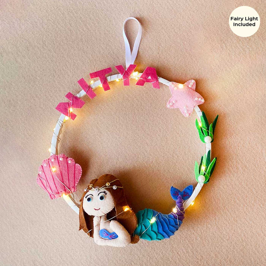 Personalized Kids Theme Felt Hoop Name Plate 3 - Front View with Hanging Loop and Lights