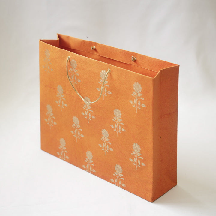 Handmade Orange Marigold Design Paper Tote Bag | Set Of 3