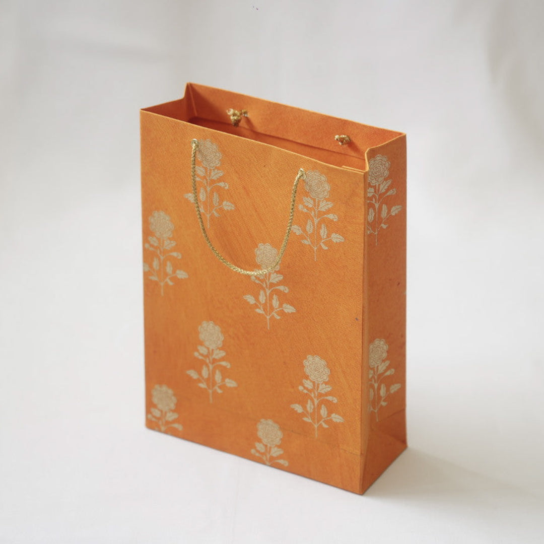 Handmade Orange Marigold Design Paper Tote Bag | Set Of 3