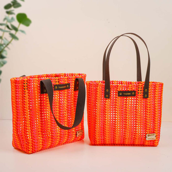 Red And Orange Stripes Handmade Wire Koodai Tote Bag