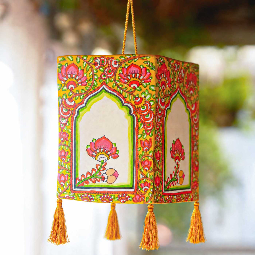 Flower Hand Painted Tholu Bommalata Parchment Leather Hanging Lamp/Kandil - Multicolour