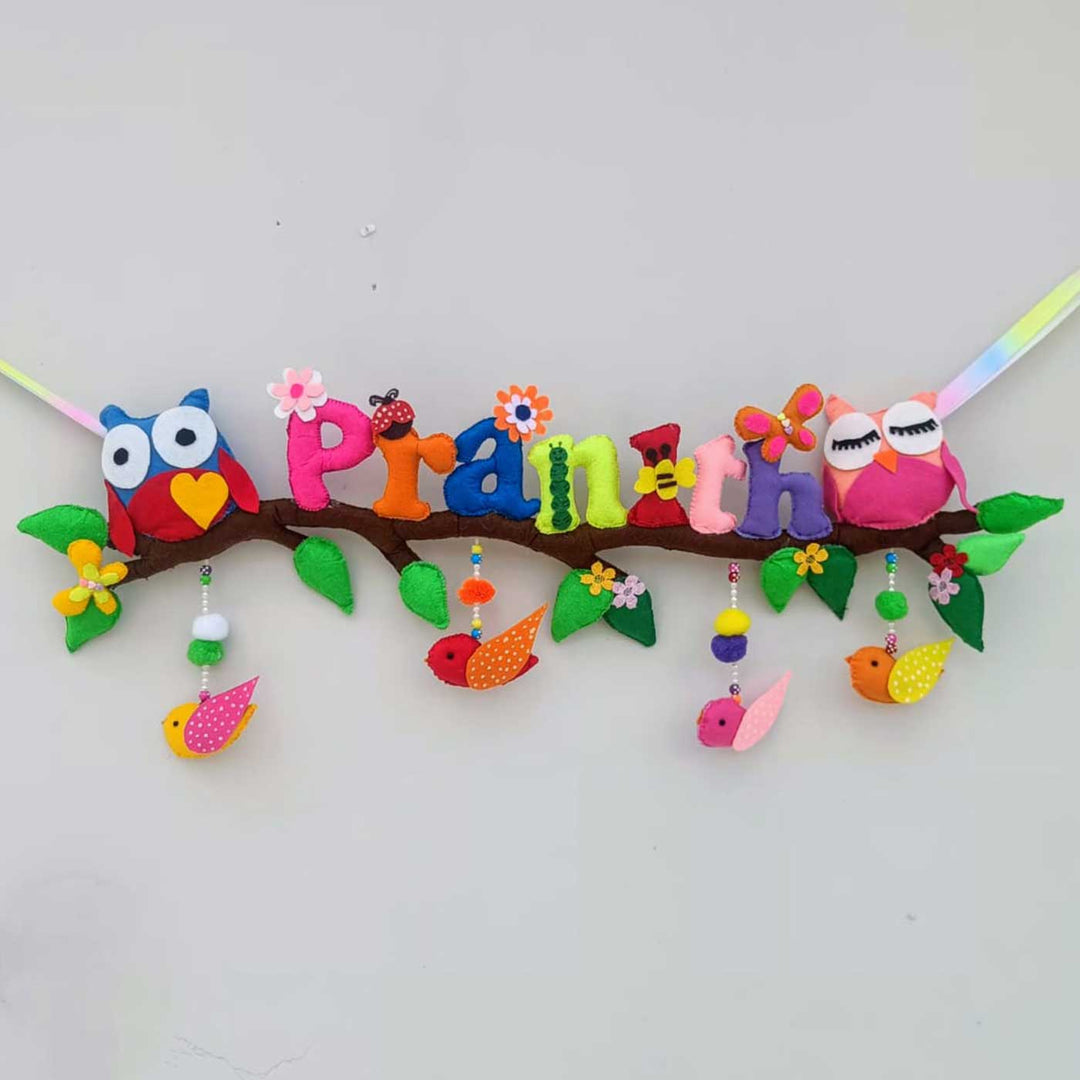 Personalized Owl Theme Felt Kids Name Plate - Front View Hanging on Wall