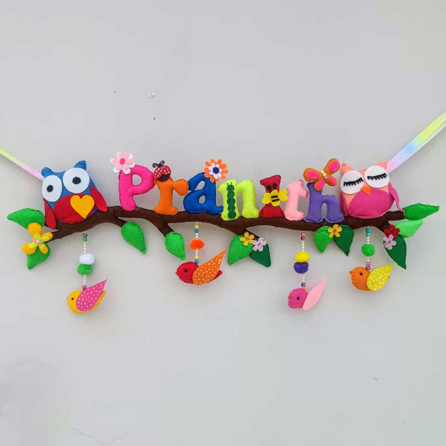 Personalized Owl Theme Felt Kids Name Plate - Front View Hanging on Wall