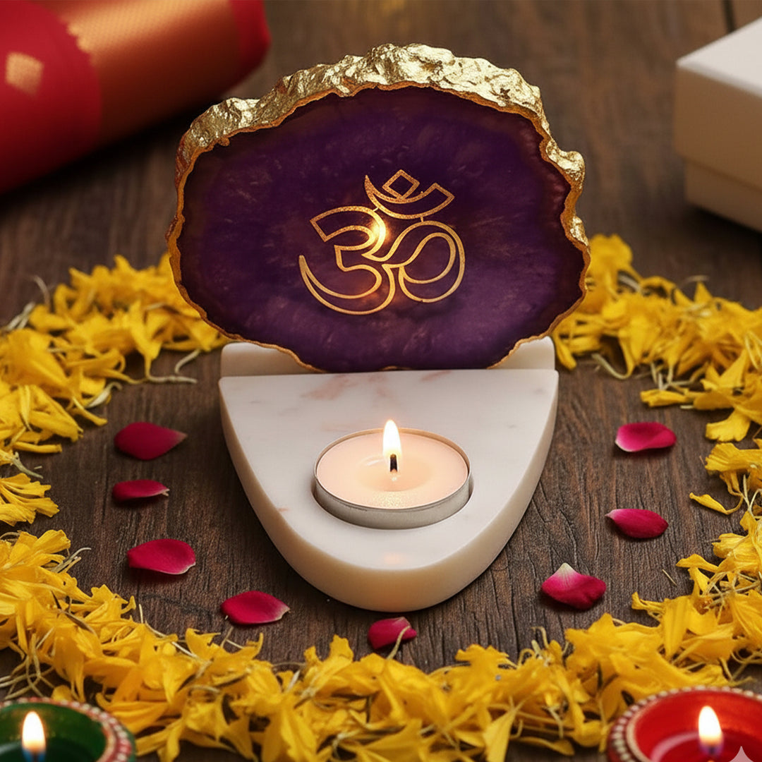 Handmade Purple Om Agate Decor With Marble Base Tea Light Holder