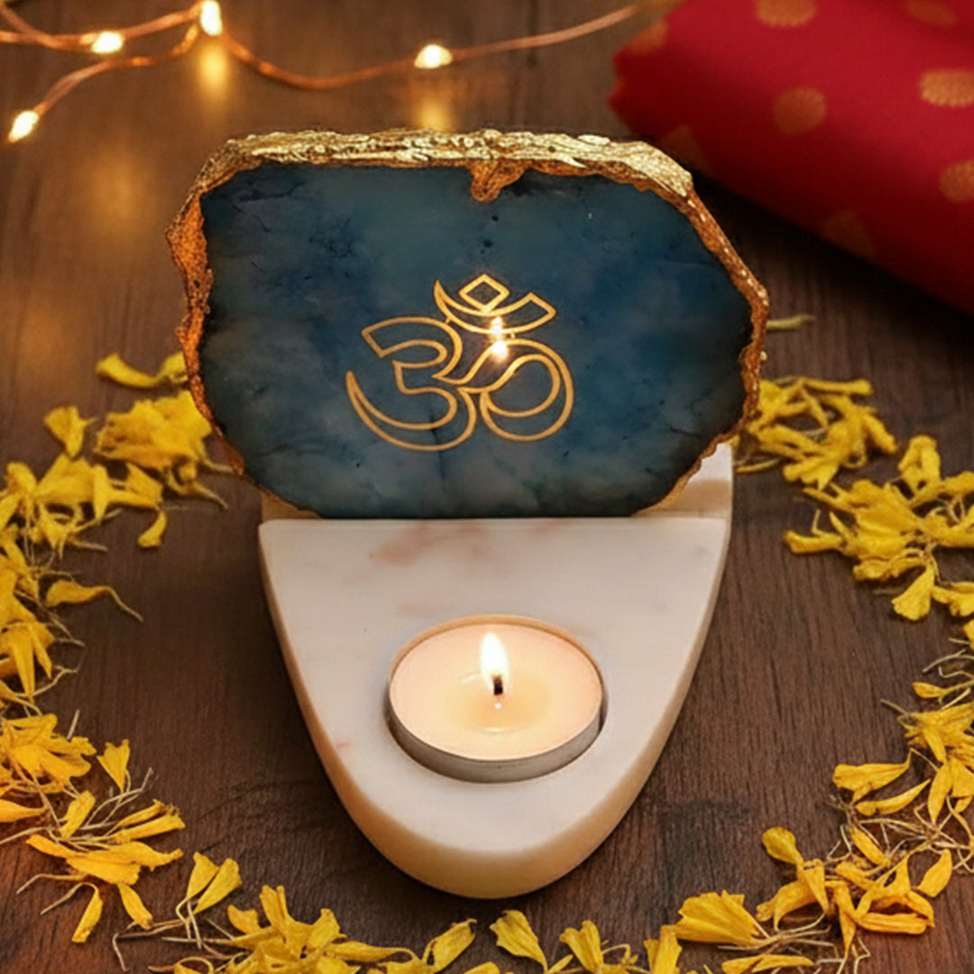 Handmade Green Om Agate Decor With Marble Base Tea Light Holder