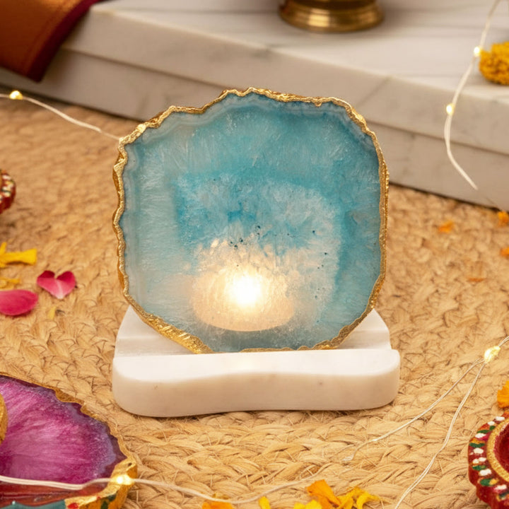 Handmade Decorative Turquoise Agate Stone Tea Light Holder With Marble Base