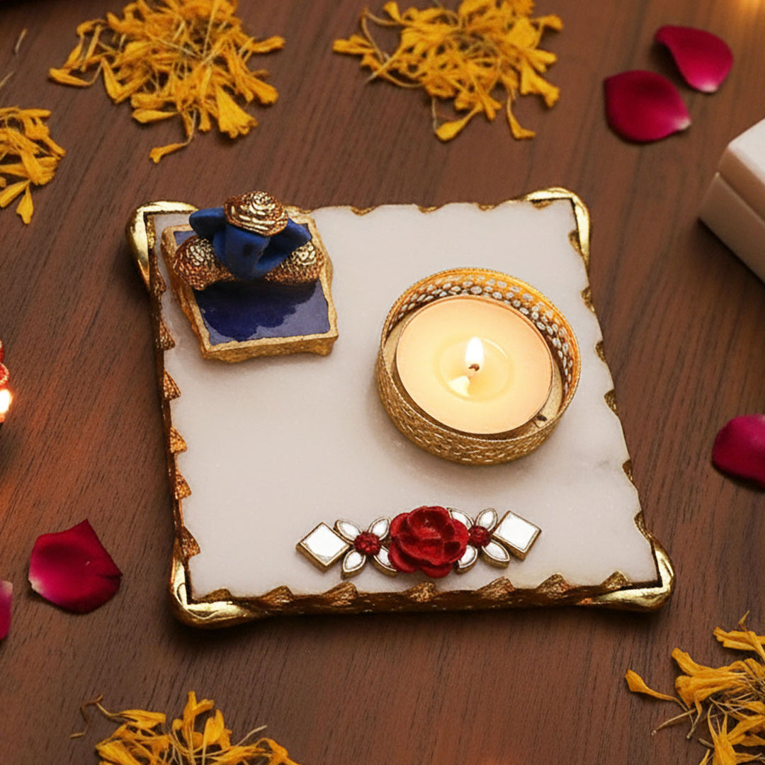 Handmade Blue Ganesha With Marble Pooja Chowki And Tea Light Holder
