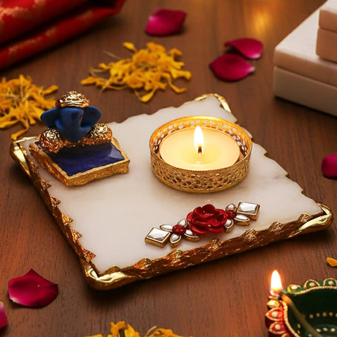 Handmade Blue Ganesha With Marble Pooja Chowki And Tea Light Holder