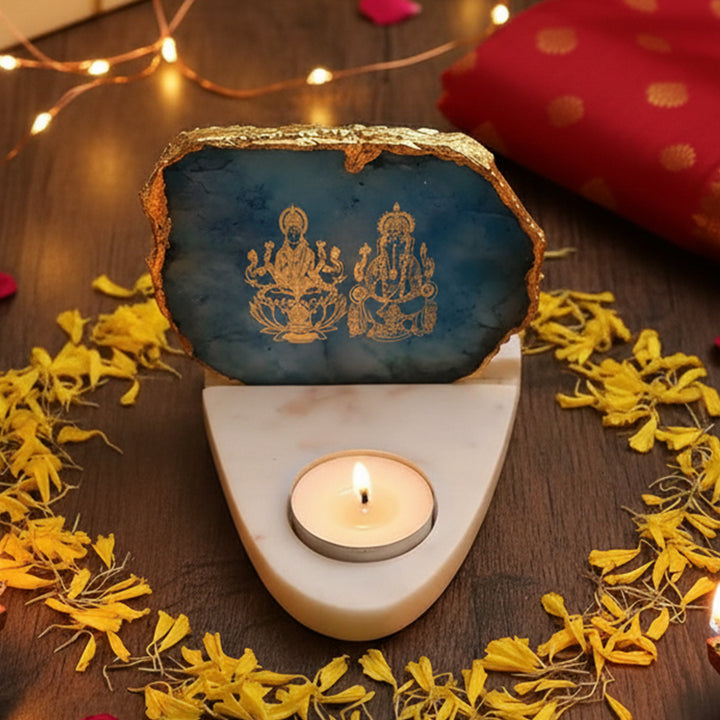 Handmade Turquoise Laxmi Ganesha Agate Decor With Marble Base Tea Light Holder