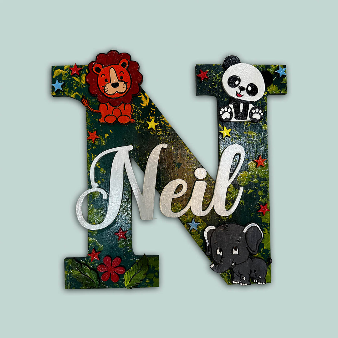 Handcrafted Personalized Kids Jungle Themed Monogram Mdf Nameplate - Front View with Name Personalization