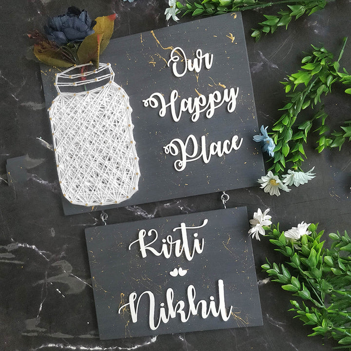 Our Happy Place Mason Jar String Art Personalised Name Plate 5 - Flat Lay with Name Personalization