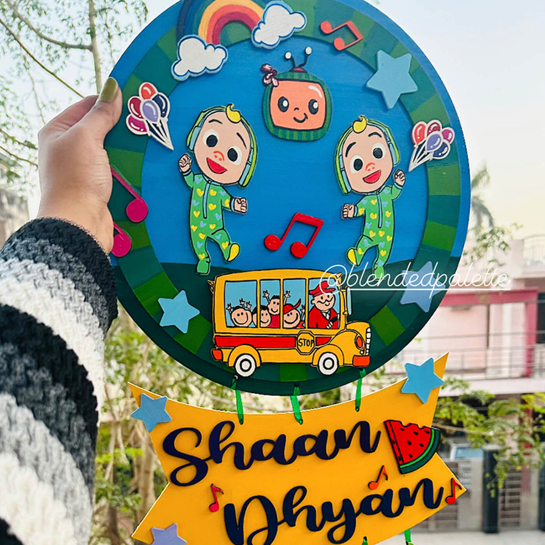 Hand Painted Personalized Sibling Name Plate 3 - Held in Hand Front View