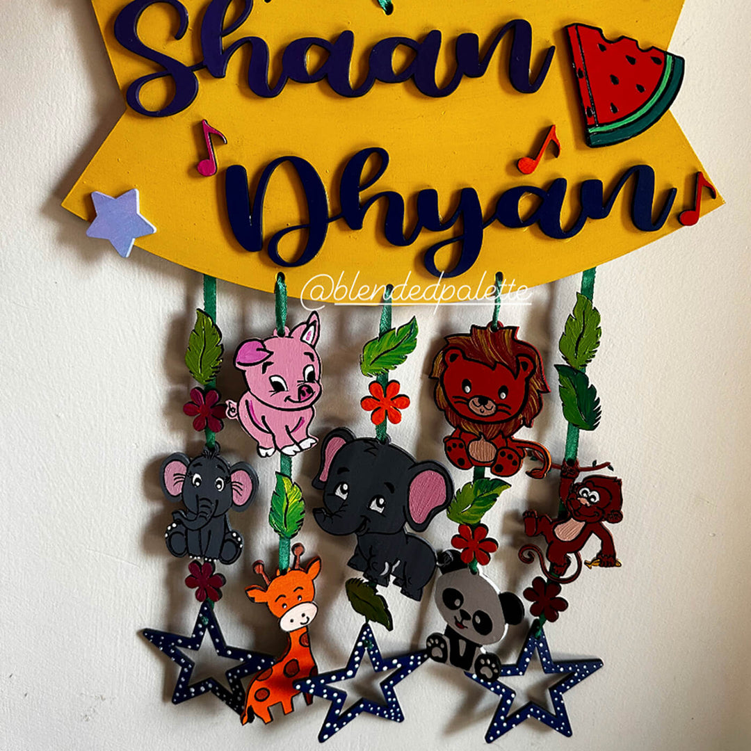 Hand Painted Personalized Sibling Name Plate 3 - Front View Hanging on Wall