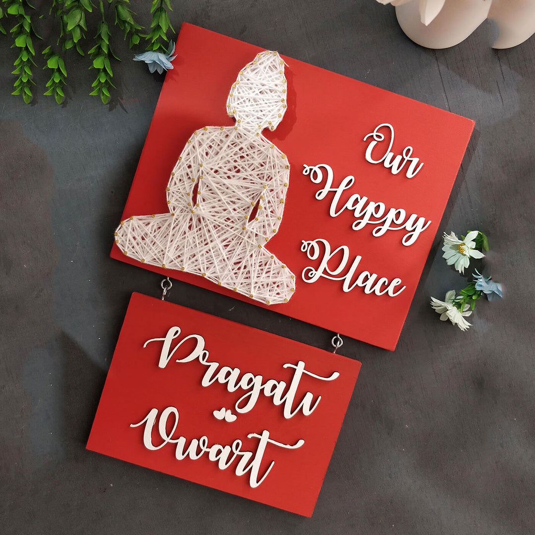 Our Happy Place Buddha Mason Jar String Art Personalised Name Plate - Personalized Wall Hanging Display