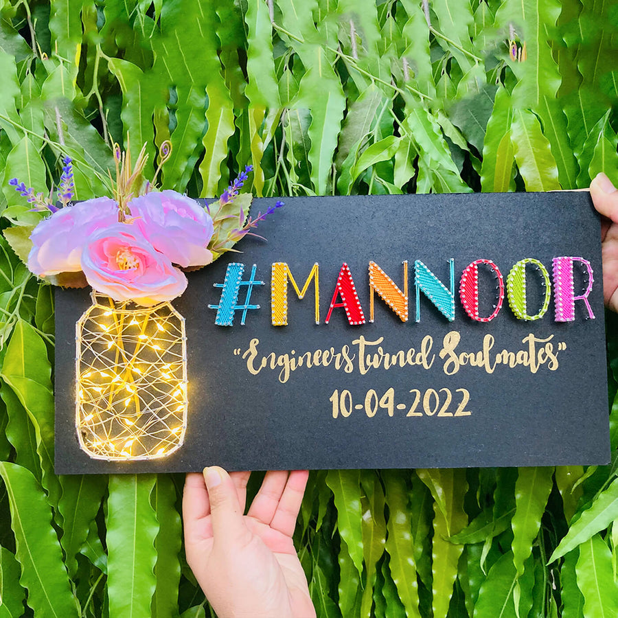 Personalised Couple Name Hashtag Name Plate With Fairy Light String Art - Front View Held in Hands
