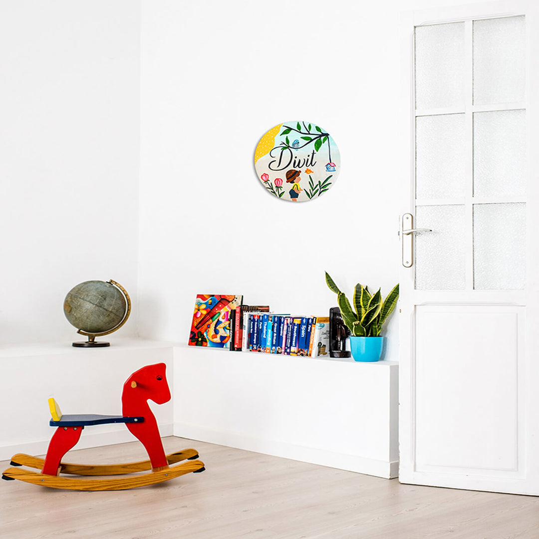 Handpainted Round Wooden Kids Name Plate - Mounted on Wall Above Shelf
