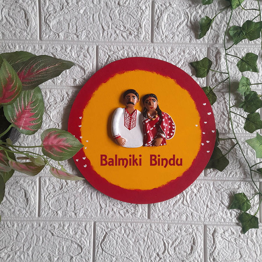 Handcrafted Personalised Couple Name Plate With Clay Figurines 1 - Front View Mounted on Wall