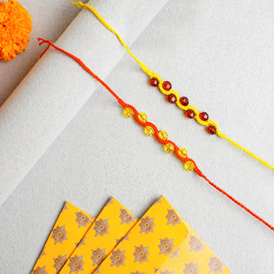 Handcrafted Macrame Zig Zag Rakhi With Beads 2 - Top View with Greeting Card