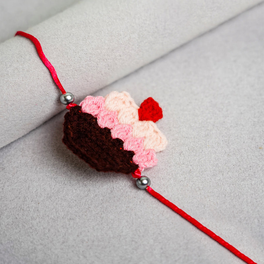Quirky Handcrafted Crochet Rakhi With Roli Chawal For Kids 3 - Close-up Front View