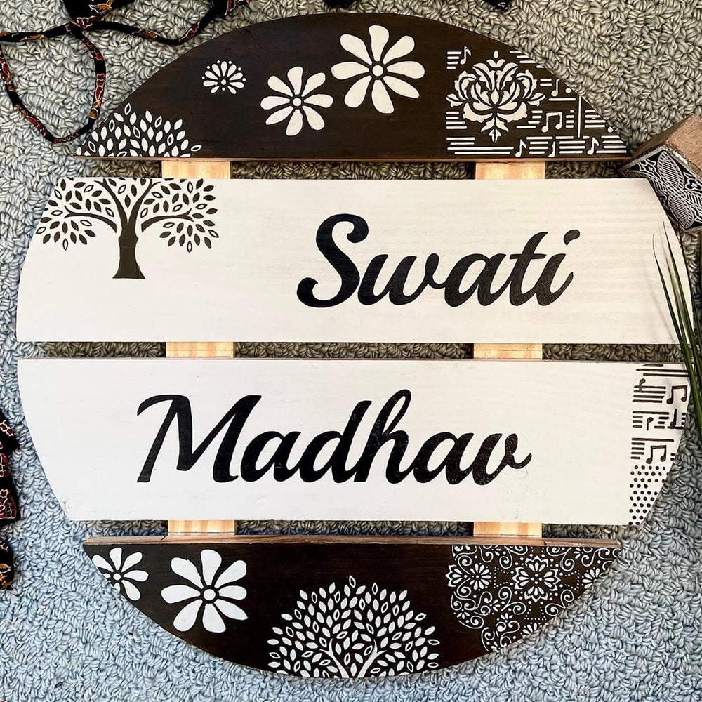 Handcrafted Personalized Circular Pinewood Textured Name Plate 2 - Top View Showing Name Personalization