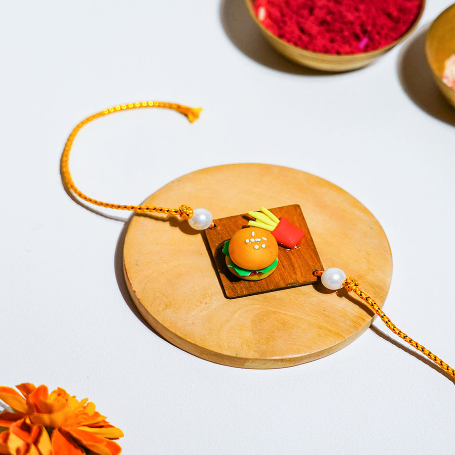 Handmade Food Themed Clay Rakhi 3 - Close-up on Hamburger Rakhi