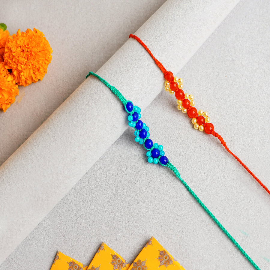 Handcrafted Macrame Floral Rakhi With Beads 2 - Front View Displaying Two Rakhis
