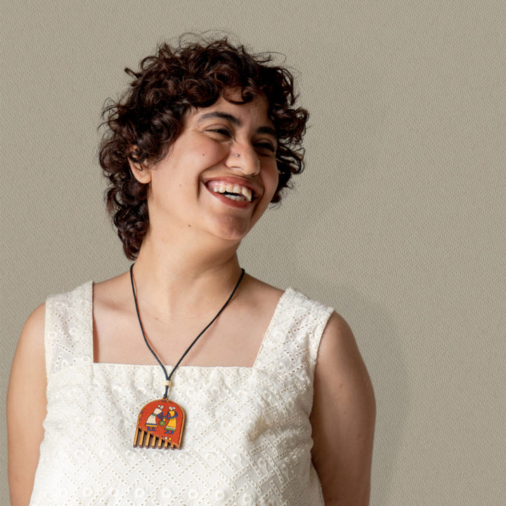 Handcrafted Wood & Fabric Fringe Earrings & Necklace