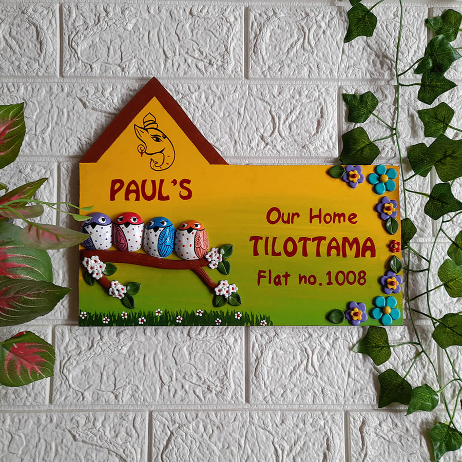 Handcrafted Personalised Owl Name Plate For A Family Of 4 - Mounted on Wall Showing Personalization