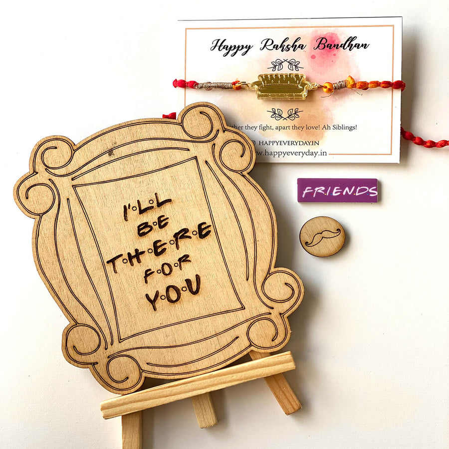 Friends Themed Rakhi Gift Hamper With Roli Chawal - Front View with Rakhi and Accessories