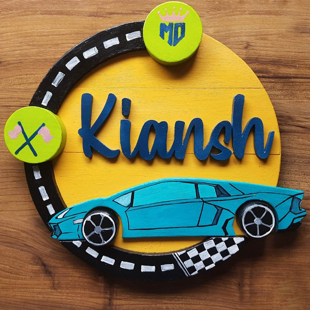 Hand Painted Personalized Car Themed Wooden Name Plate - Top-down Personalized Name Display