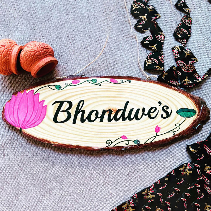 Handcrafted Personalized Lotus Oval Pinewood Name Plate - Top View with Name Personalization