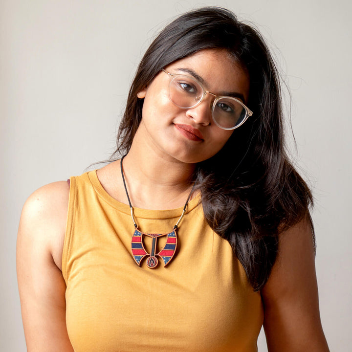 Handcrafted Wood & Fabric Arc Necklace & Earrings