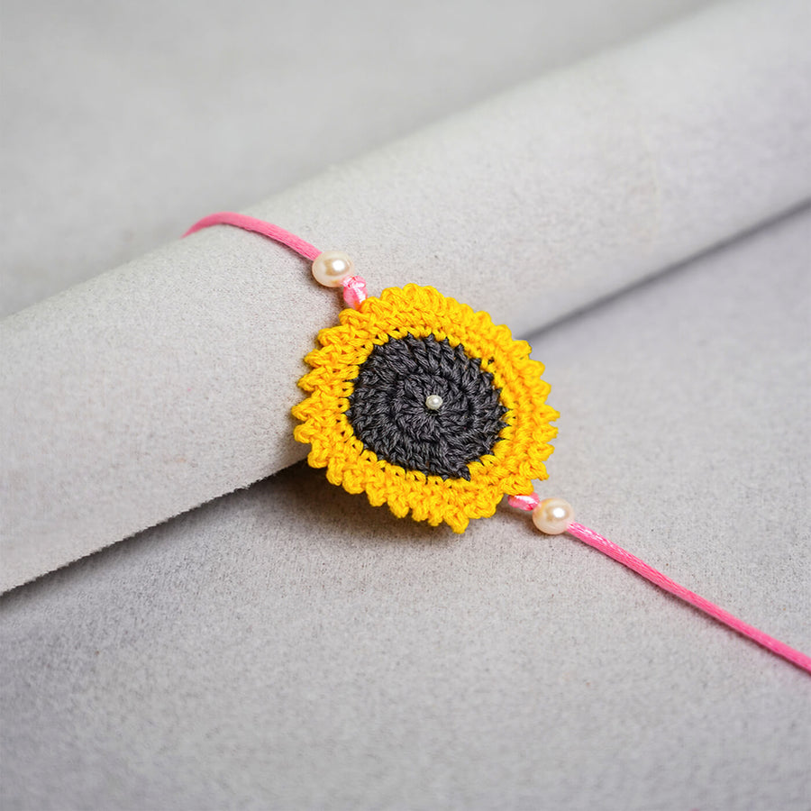 Handcrafted Mandala Crochet Rakhi With Roli Chawal For Kids 2 - Close-up Front View