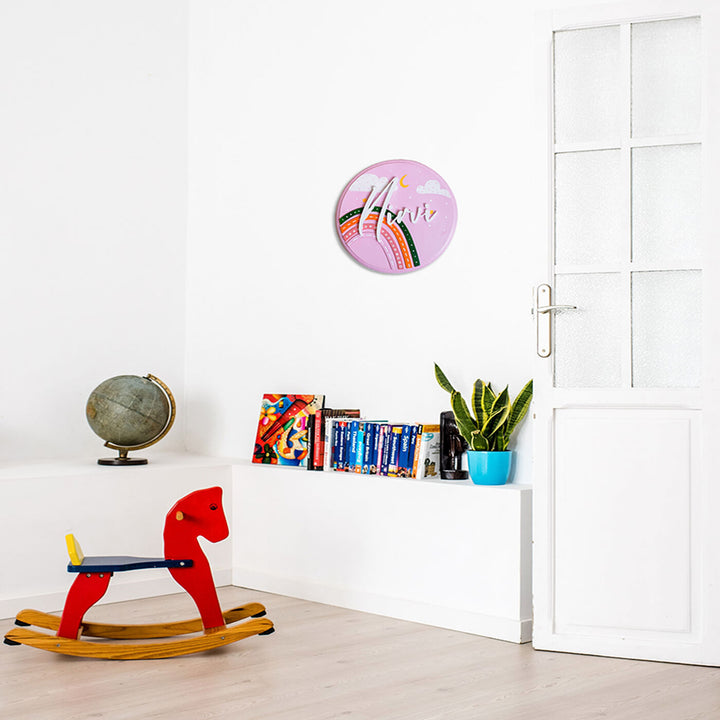 Handpainted Rainbow Wooden Kids Name Plate - Mounted on Wall in Room Setting