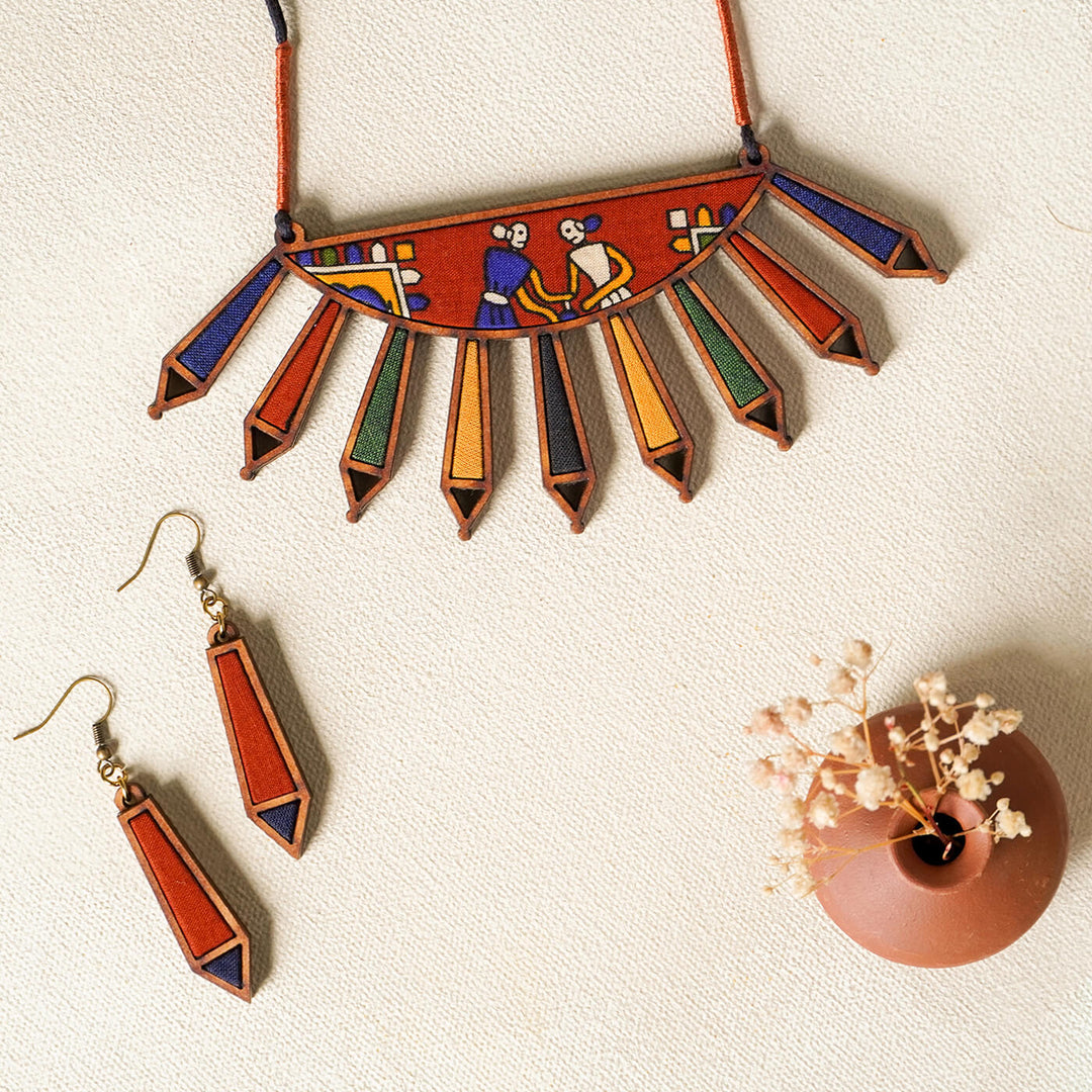 Handcrafted Wood & Fabric Rays Necklace & Earrings