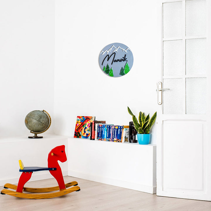 Handpainted Pine Mountain Wooden Kids Name Plate - Mounted on Wall in Room Setting