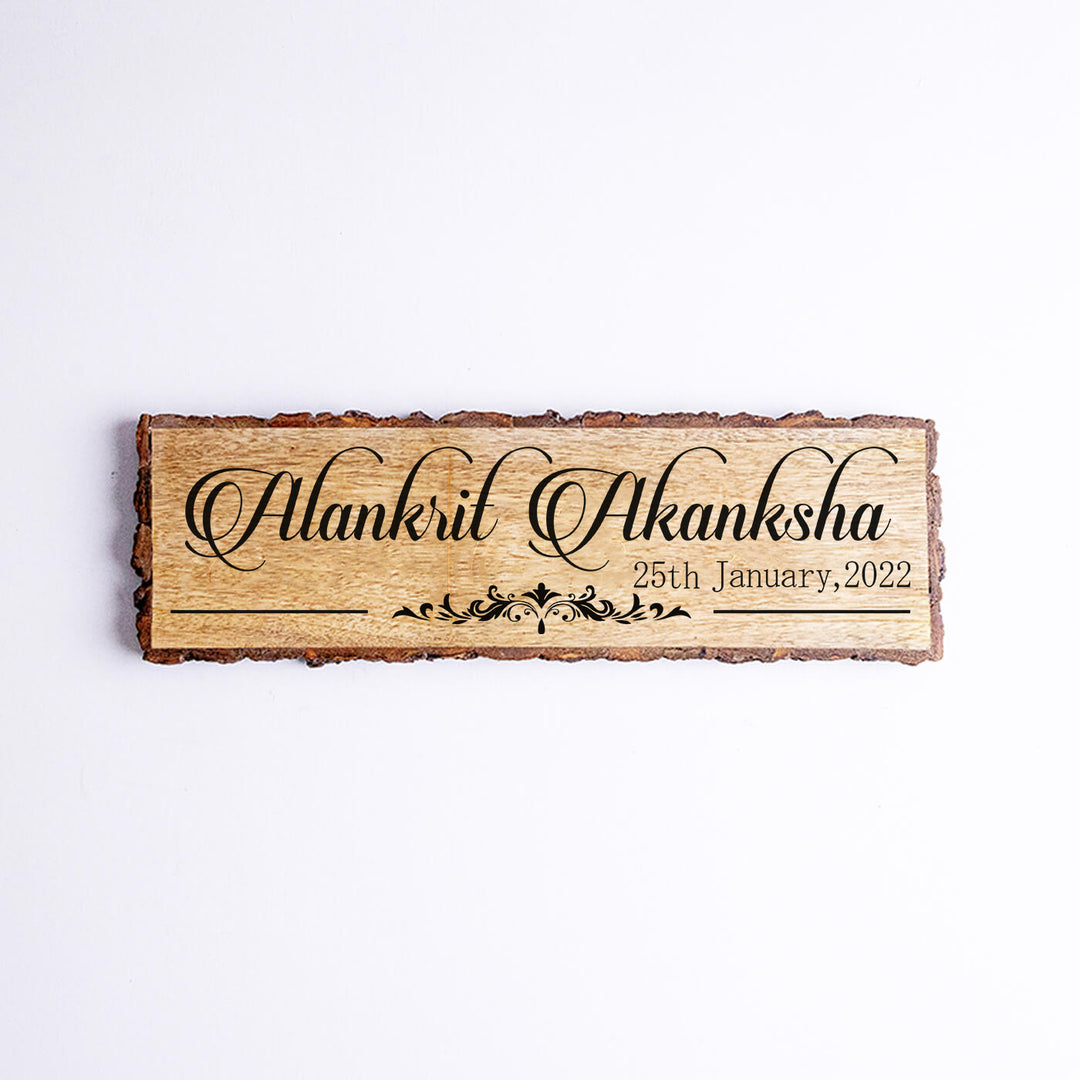 Handcrafted Mango Wood Personalized Name Plate For Couples - Name Personalization Example Front View