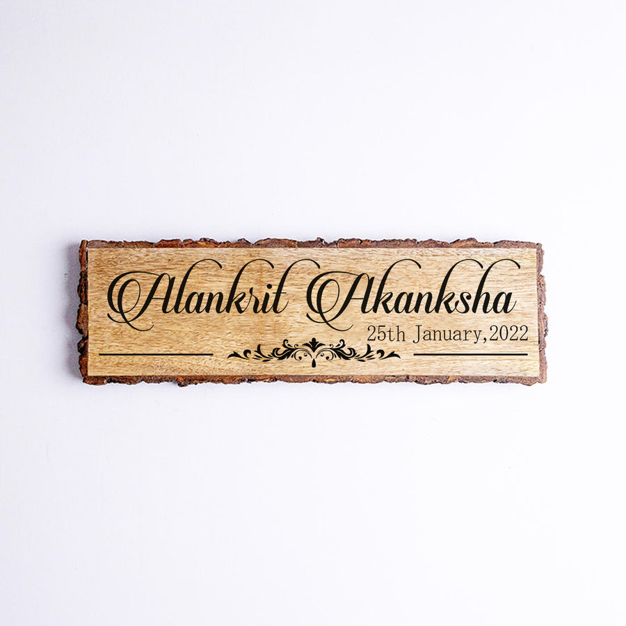 Handcrafted Mango Wood Personalized Name Plate For Couples - Name Personalization Example Front View