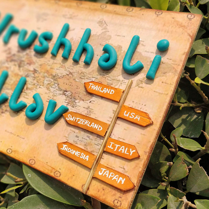 Handcrafted Personalized Clay Caricature Name Plate For Pilot Couples - Close-up on Name and Signpost